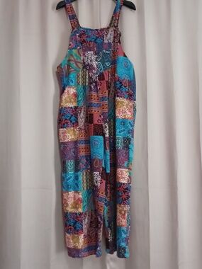 Bohemian Patchwork Style Bib Overalls Wide Leg Pockets Cotton Blend Festival
